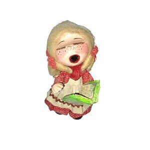 Vintage 9” Paper Mache Christmas Caroler Figurine Blonde Hair Red Dress